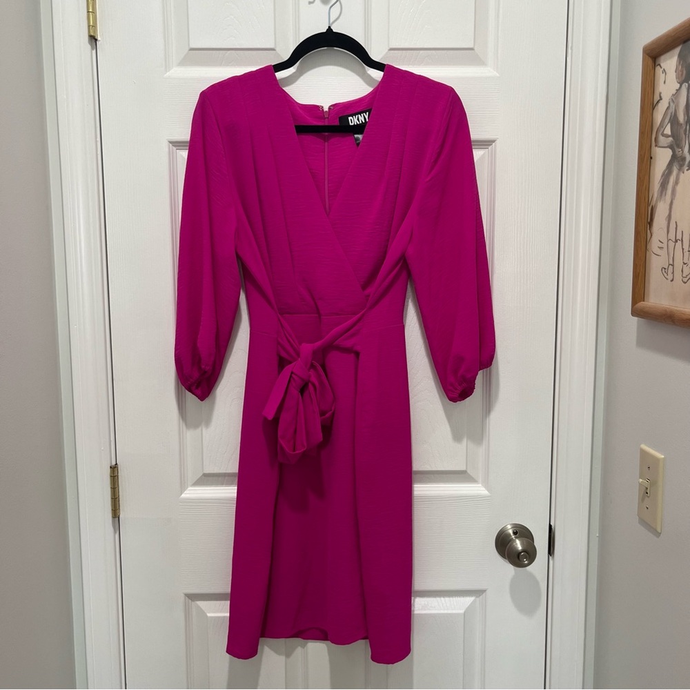 DKNY Fuchsia Wrap-Style Long Sleeve Dress